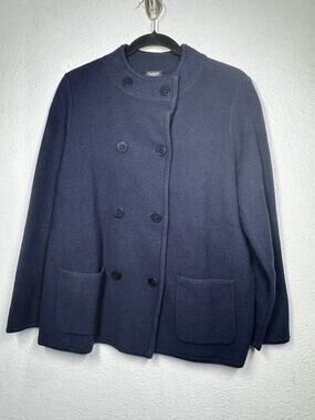 Talbots Knit Sweater Blazer Navy Blue Double Breasted Slit Long Sleeve Sz 1XP
